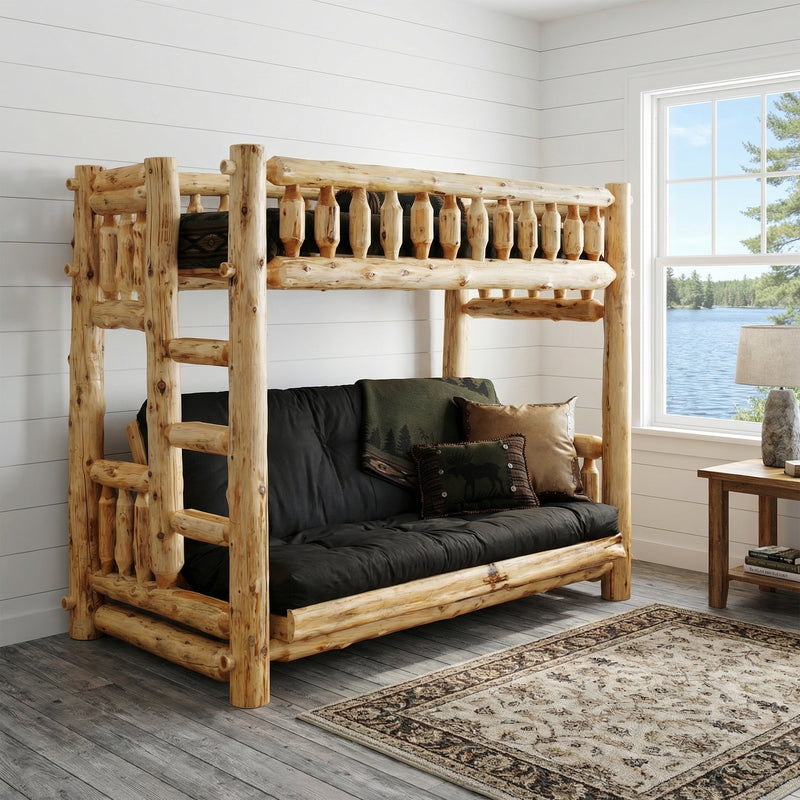 Mount Zirkel Cedar Log Bunk Bed in Twin over Futon configuration with a black futon in a bright lakeside room