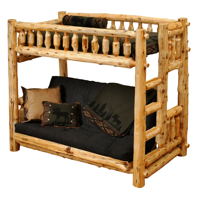Mount Zirkel Cedar Log Bunk Bed in Twin over Futon configuration on a white background with a black futon