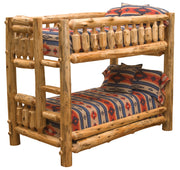 Mount Zirkel Cedar Log Bunk Bed in Twin over Twin configuration on a white background with southwestern bedding