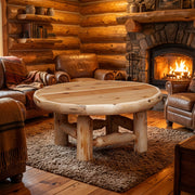 Mummy Mountain cedar log round coffee table staged on a rug in a log cabin living room with a fireplace