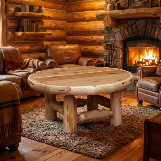 Mummy Mountain cedar log round coffee table staged on a rug in a log cabin living room with a fireplace