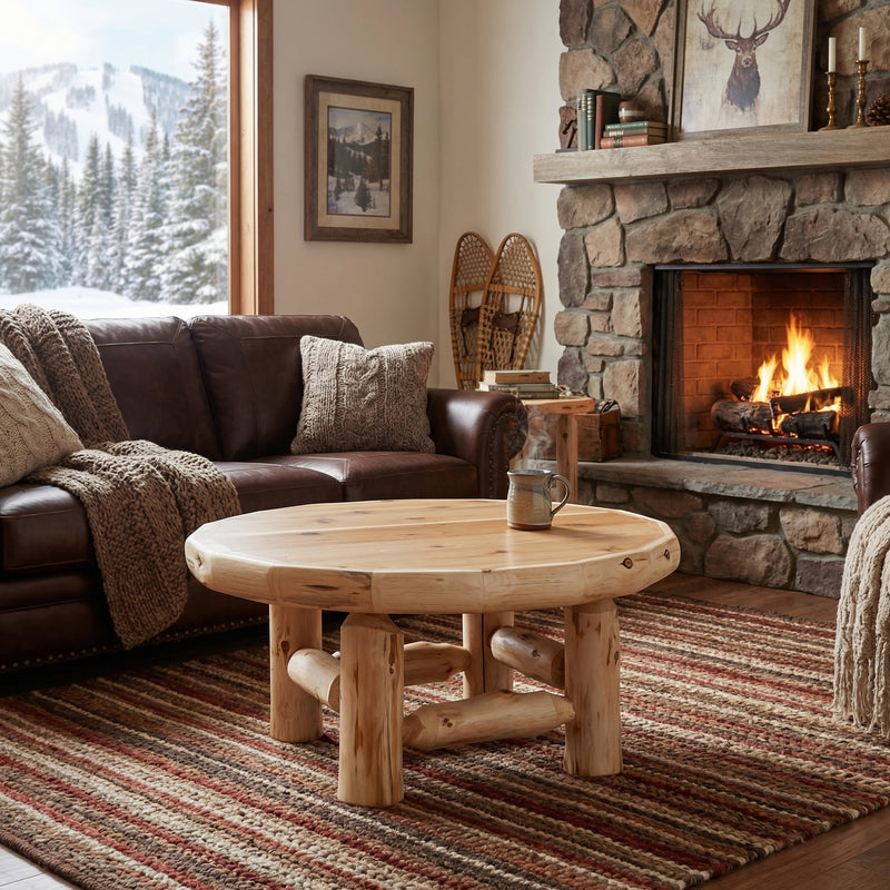 Mummy Mountain Cedar Log Round Coffee Table in Natural in front of a leather sofa and stone fireplace