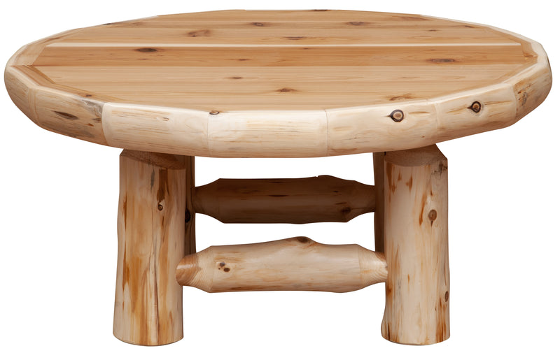 Side view of the Mummy Mountain Cedar Log Round Coffee Table showing log stretchers between the legs