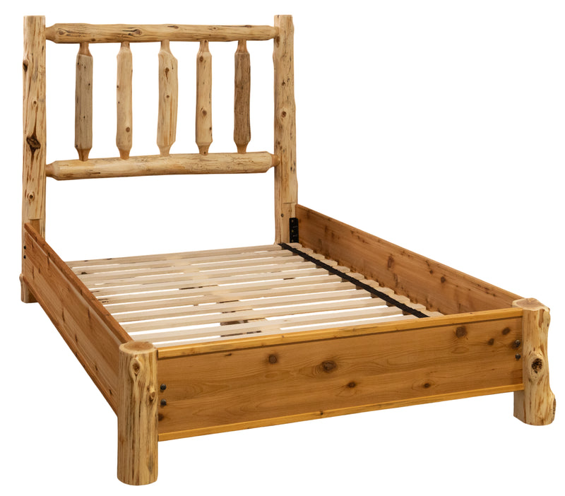 Angled view of the Music Mountain Cedar Log Traditional Bed with Rail System