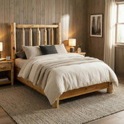 Music Mountain Cedar Log Traditional Bed with Rail System with layered bedding in a cozy bedroom