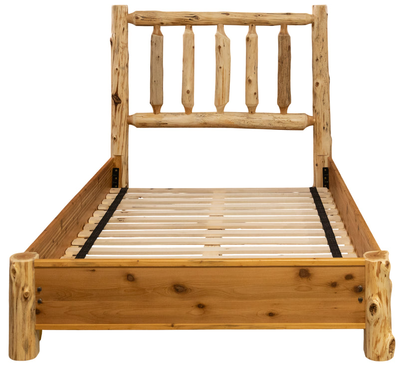 Front view of the Music Mountain Cedar Log Traditional Bed with Rail System