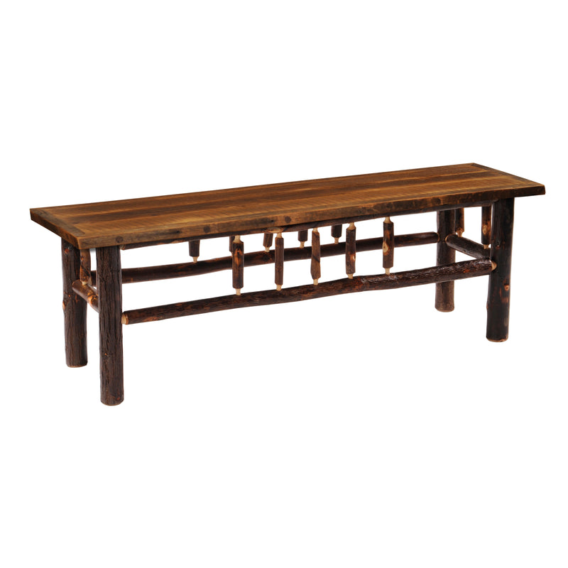 Angled view of the Nakai Peak Barnwood and Hickory Dining Bench showing the barnwood seat and hickory legs