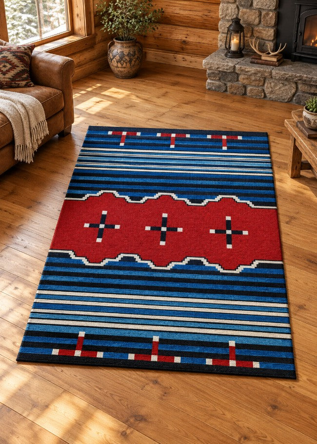 Native Cross Blue Rug Living Room | The Cabin Shack
