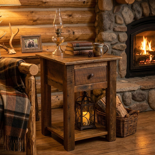 Navajo Peak reclaimed barnwood drawer and shelf end table staged beside a fireplace in a log cabin living room