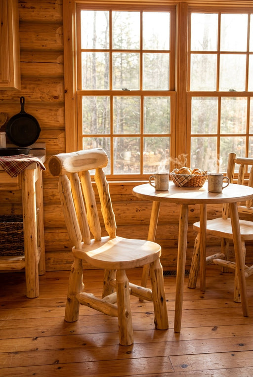 Niagara Peak Cedar Lumberjack Bistro Chair staged in a sunlit log cabin breakfast nook