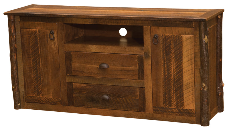 Angled view of the Nimbus Mountain Barnwood and Hickory Widescreen TV Stand showing hickory posts, cabinets, and drawers