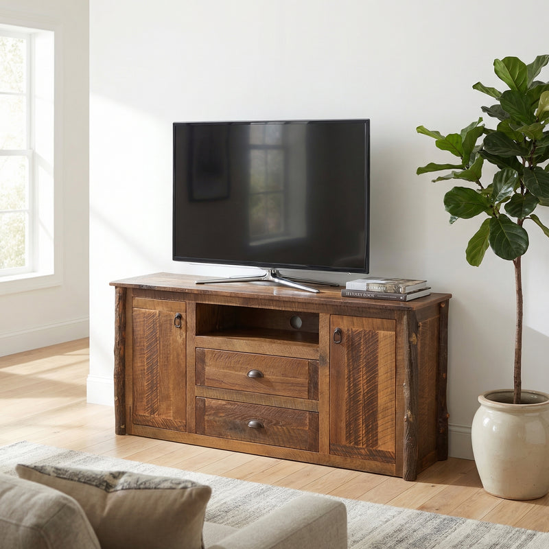 Nimbus Mountain Barnwood and Hickory Widescreen TV Stand holding a flat-screen TV in a cabin living room