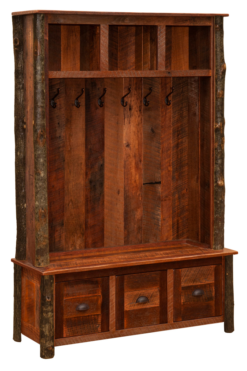 Angled view of the Nokhu Crags Barnwood and Hickory Entry Locker showing hickory posts, cubbies, and drawers