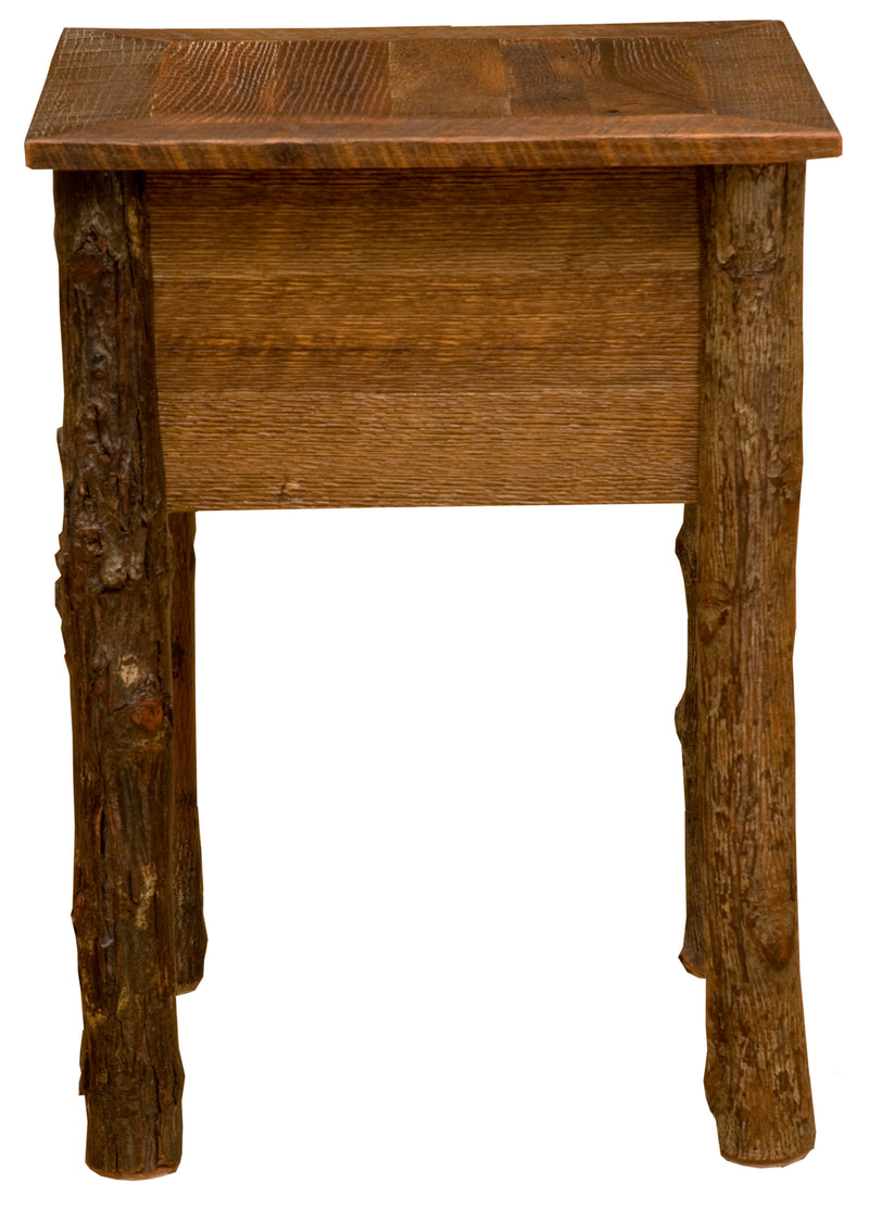 Back view of the North Eolus Barnwood and Hickory One Drawer Nightstand showing the reclaimed oak back panel