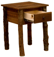 Angled view of the North Eolus Barnwood and Hickory One Drawer Nightstand with the dovetailed drawer open