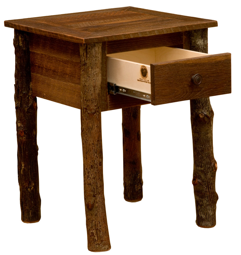 Angled view of the North Eolus Barnwood and Hickory One Drawer Nightstand with the dovetailed drawer open