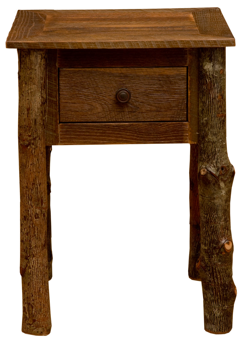Front view of the North Eolus Barnwood and Hickory One Drawer Nightstand with a single drawer