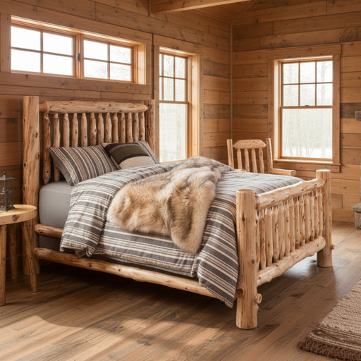 Northwood log spindle bed styled with rustic bedding in a cabin-inspired bedroom setting
