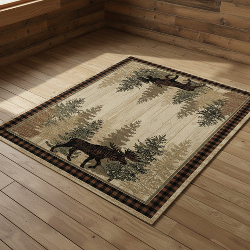 Rug with moose and tree design on a beige background