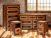 Notch Mountain Reclaimed Barnwood Cubby Nightstand shown with the matching barnwood dresser and chest