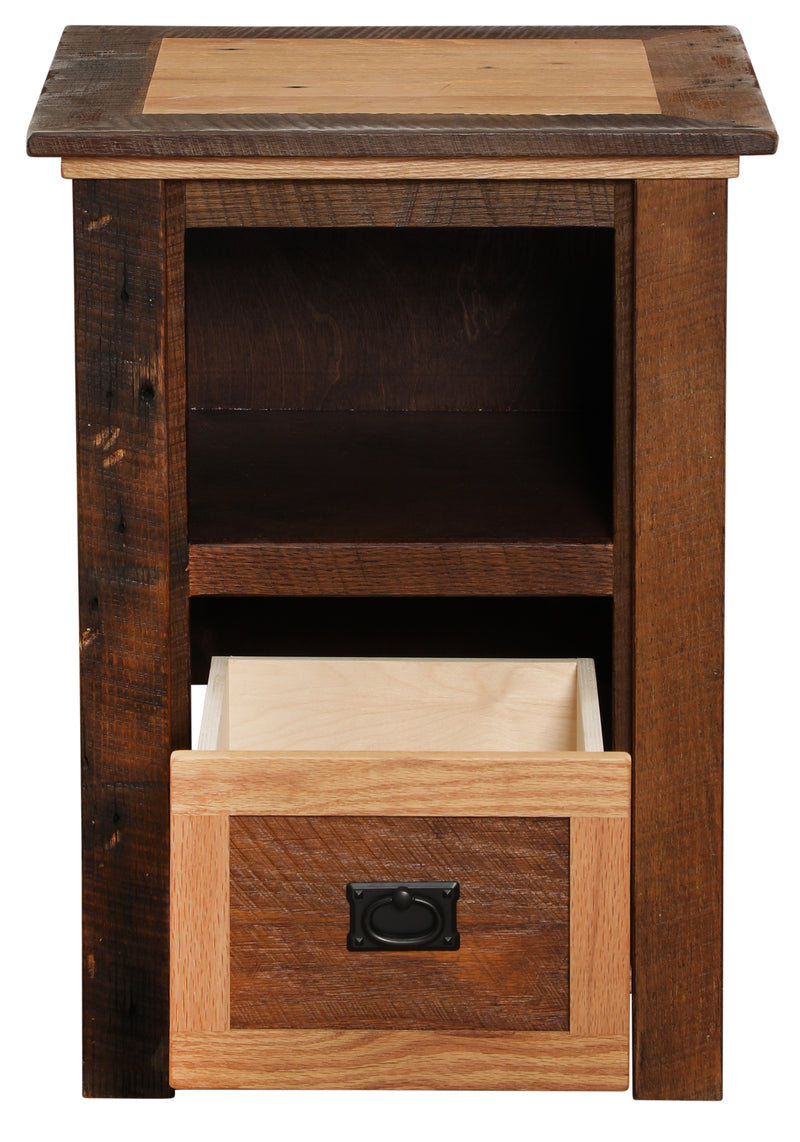 Front view of the Notch Mountain Reclaimed Barnwood Cubby Nightstand with the drawer open