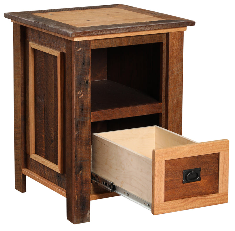 Notch Mountain Reclaimed Barnwood Cubby Nightstand with the drawer open