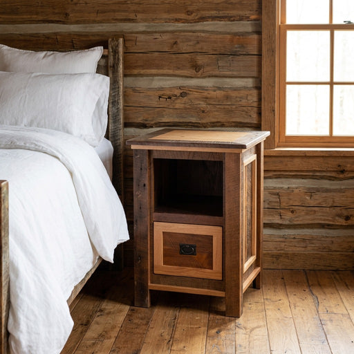 Notch Mountain Reclaimed Barnwood Cubby Nightstand staged in a sunlit log cabin bedroom