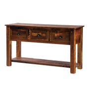 Angled view of the Notchtop Mountain Reclaimed Barnwood Three Drawer Console Table showing three drawers and the lower shelf
