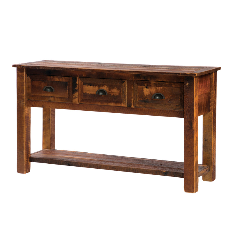 Angled view of the Notchtop Mountain Reclaimed Barnwood Three Drawer Console Table showing three drawers and the lower shelf