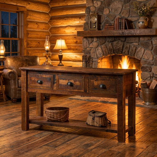 Notchtop Mountain reclaimed barnwood three drawer console table staged before a stone fireplace in a log cabin