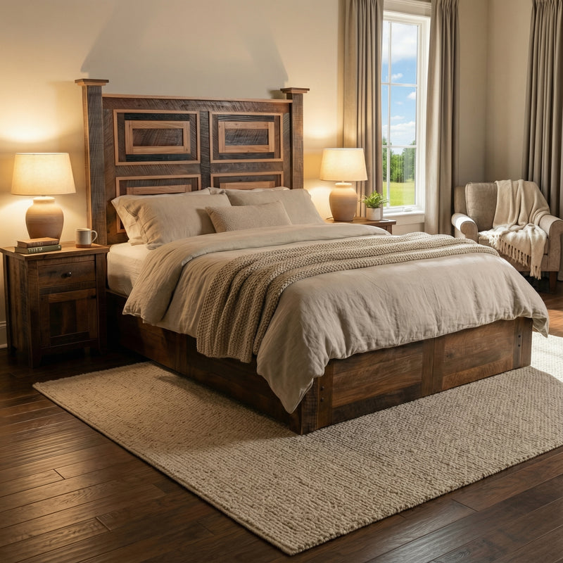 Obstruction Point Reclaimed Barnwood Framed Panel Platform Bed with neutral bedding in a farmhouse bedroom