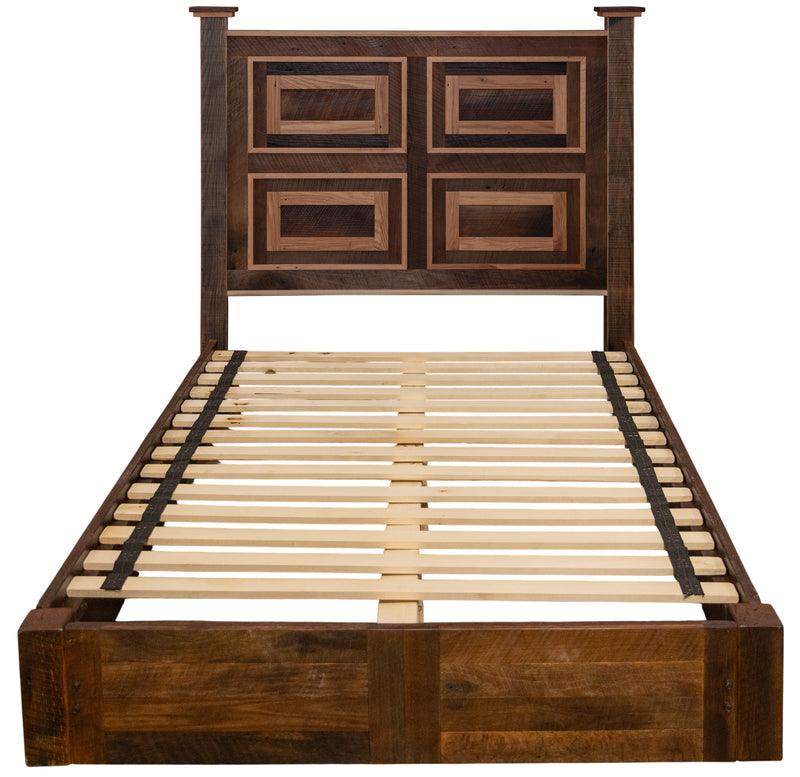 Front view of the Obstruction Point Reclaimed Barnwood Framed Panel Platform Bed