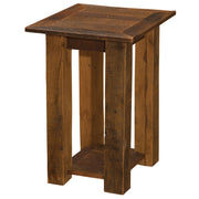 Angled view of the Ogalalla Peak Reclaimed Barnwood Open End Table showing the reclaimed oak top and lower shelf