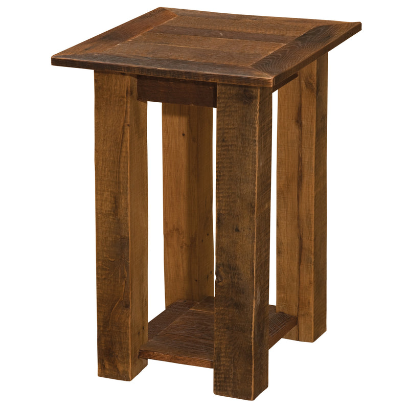 Angled view of the Ogalalla Peak Reclaimed Barnwood Open End Table showing the reclaimed oak top and lower shelf