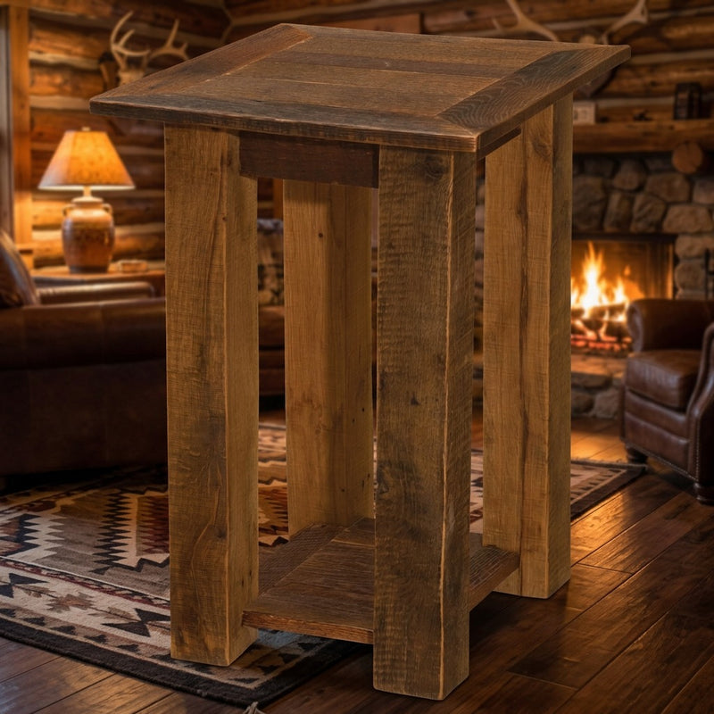 Ogalalla Peak reclaimed barnwood open end table staged in a log cabin living room with a fireplace