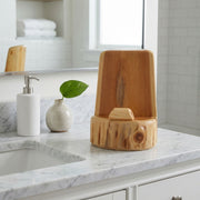 Ophir Pass Cedar Log Tablet and Brochure Holder holding a tablet in a rustic kitchen