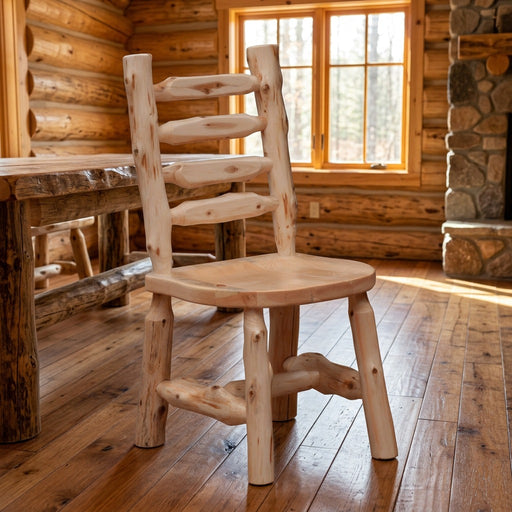 Organ Mountain Cedar Ladder Back Side Chair staged in a sunlit log cabin dining room