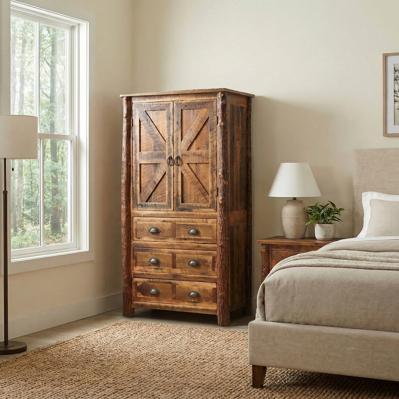 Otis Peak Barnwood and Hickory Armoire beside a bed and nightstand near a bright window in a neutral bedroom