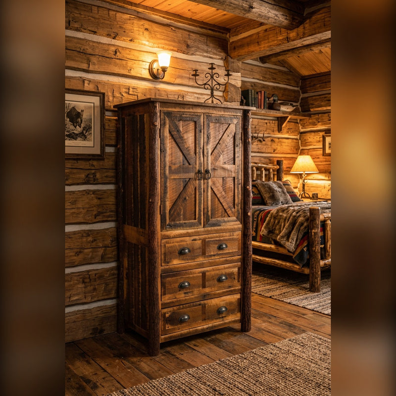 Otis Peak Barnwood and Hickory Armoire in a warm log cabin bedroom with a sconce and log bed