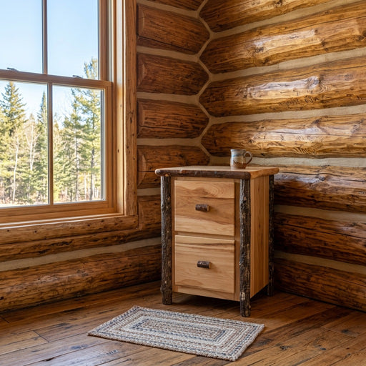 Otter Mountain Hickory Log Two Drawer File Cabinet staged in a sunlit log cabin home office