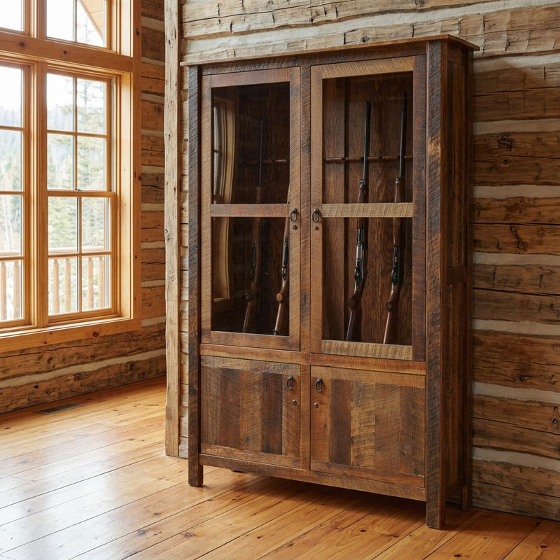 Ouzel Peak Reclaimed Barnwood Twelve Gun Cabinet staged in a sunlit log cabin living room