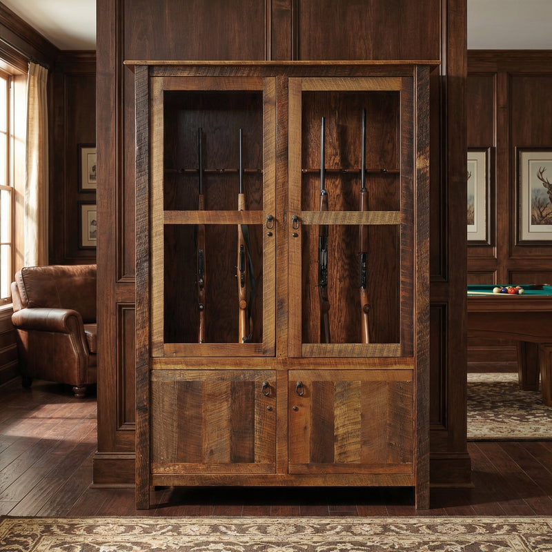 Ouzel Peak Reclaimed Barnwood Twelve Gun Cabinet in a bright cabin room
