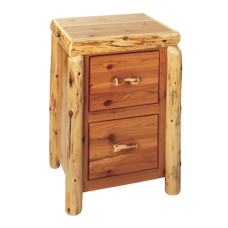 Angled view of the Owen Peak Cedar Log Two Drawer File Cabinet