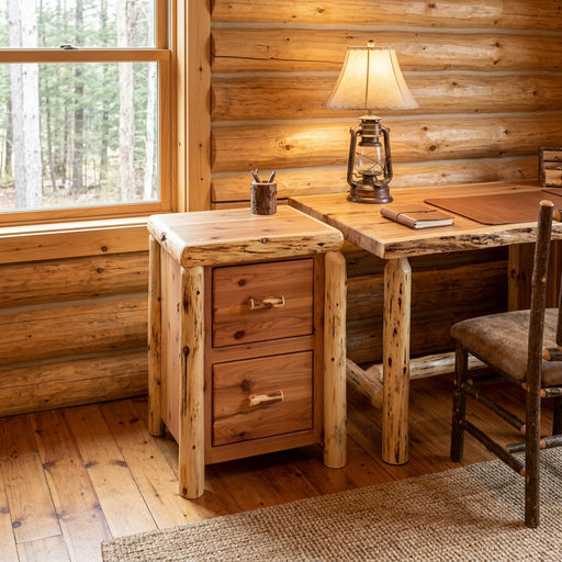 Owen Peak Cedar Log Two Drawer File Cabinet staged in a sunlit log cabin home office