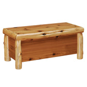 Front angled view of the Pacific Peak Cedar Log Blanket Chest closed, showing cedar log legs and lid trim