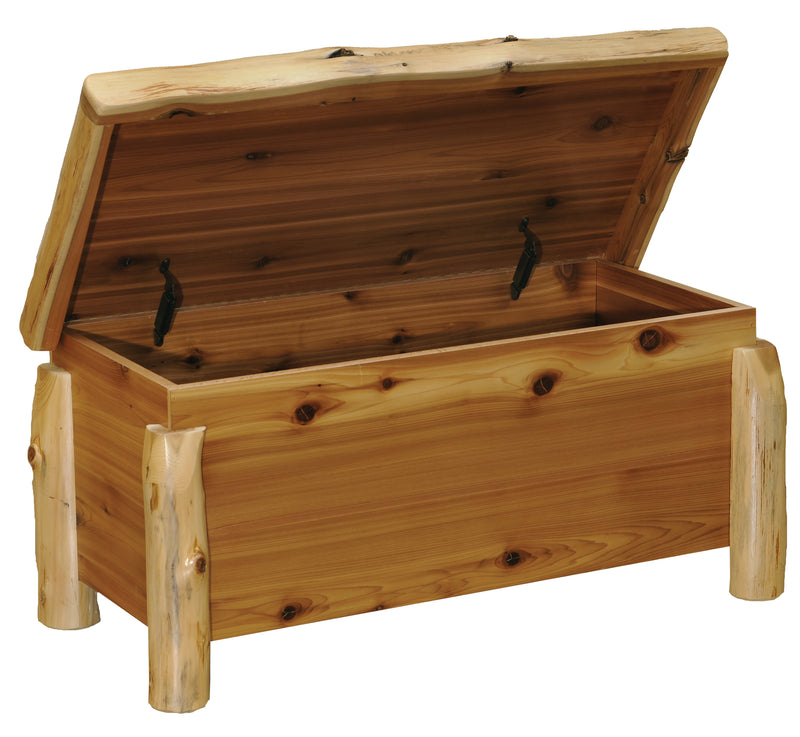 Pacific Peak Cedar Log Blanket Chest with the lid open showing the non-slamming hinges and roomy interior