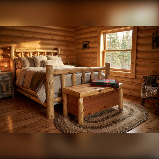 Pacific Peak Cedar Log Blanket Chest at the foot of a log bed in a pine-walled cabin bedroom with a braided rug