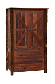 Angled view of the Pagoda Mountain Barnwood and Hickory Wardrobe showing barn-door cabinet doors over two drawers
