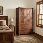 Pagoda Mountain Barnwood and Hickory Wardrobe beside a bed and lamp near a window in a bright bedroom