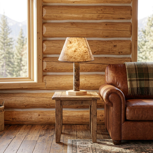 Pahlone Peak Hickory Log Table Lamp staged in a sunlit log cabin living room